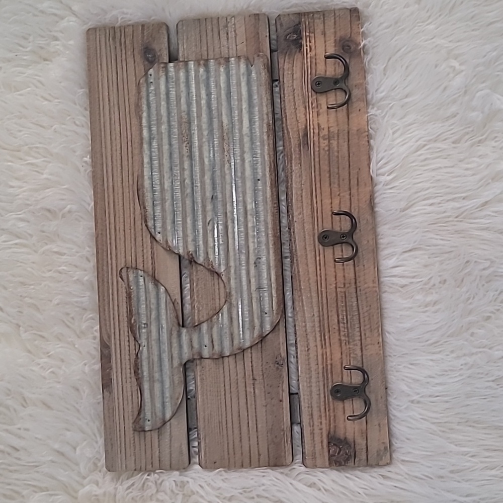 Wood Sign with Metal Whale